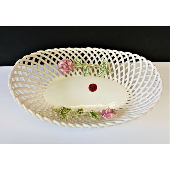 Set/2 Baronia Oval Square Flower Bowls Poland Polish Open Lattice Ceramic Rose - Picture 3 of 10